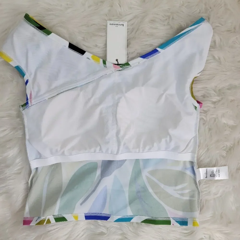 HERMOZA Green Blue Abstract Leafy Print Off Shoulder Swim Top Crisscross Beachy